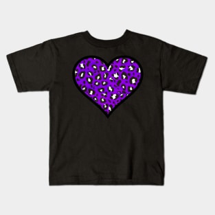 Purple, Black and White Leopard Print Heart Kids T-Shirt